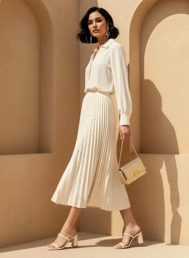 Iconic Iconic Midi Pleated Skirt with Embellished Detail